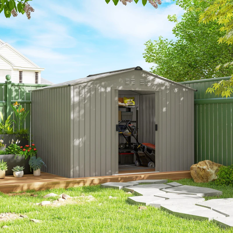 Outsunny 9.1' x 6.4' x 6.3' Garden Storage Shed w/ Foundation Kit Metal Tool Storage House w/ Double Doors Grey