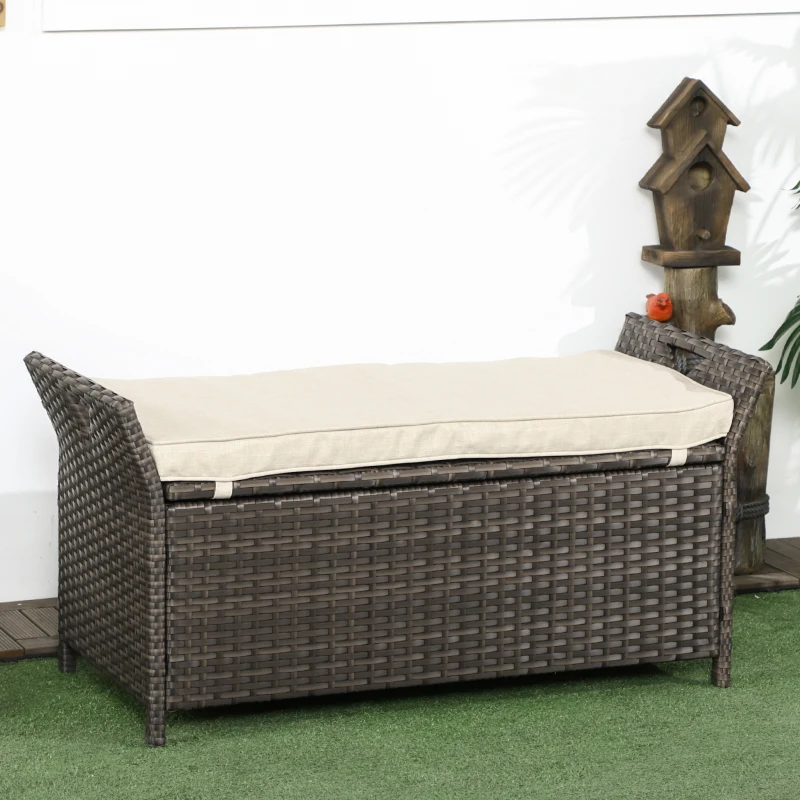 Outsunny 29 Gallon Patio Wicker Storage Bench, Outdoor PE Rattan Furniture, 2-In-1 Large Capacity Rectangle Garden Storage Box with Handles and Cushion, Cream White