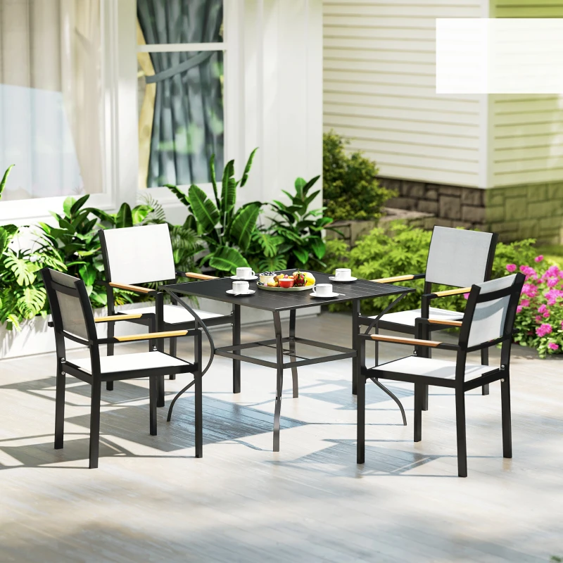 Outsunny Square Outdoor Patio Dining Table, Garden Table with Umbrella Hole, Slatted Metal Top for Backyard, Poolside, Dark Grey