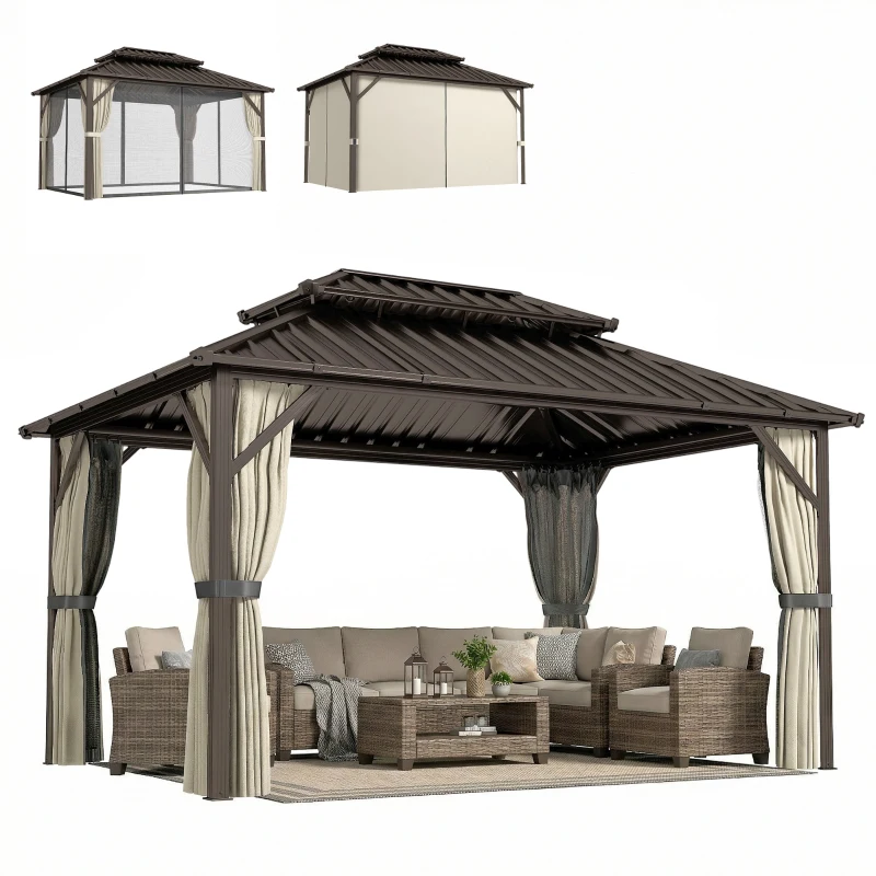 Outsunny 10' x 14' Hardtop Gazebo with Double Galvanized Steel Roof Canopy, Aluminum Frame Permanent Gazebo, Brown