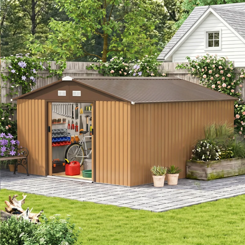 Outsunny Garden Metal Shed, Storage Shed Utility Storage with Double Locking Doors for Bike, Yard Tools, Yellow