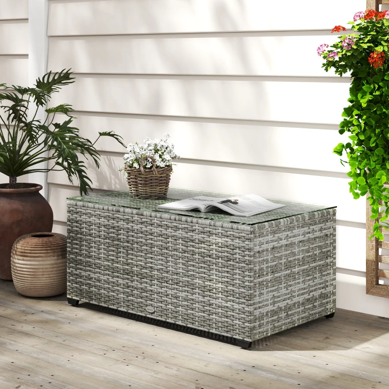 Outsunny Wicker Outdoor Coffee Table, PE Wicker Rectangular Patio Table with Tempered Glass Top for Garden, Balcony, Light Grey
