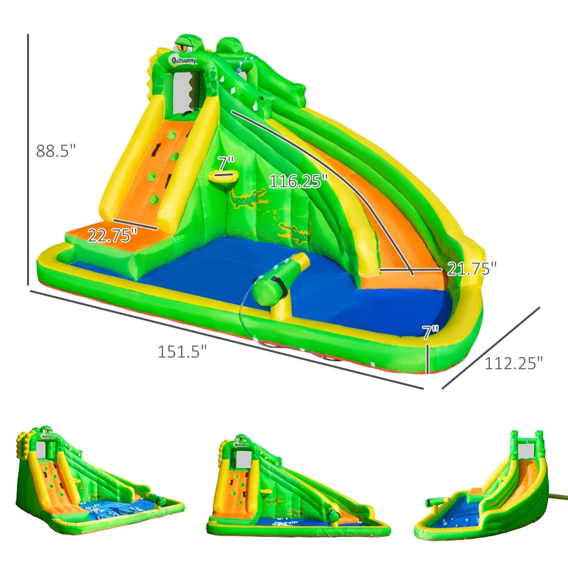 Outsunny 6 in 1 Inflatable Water Slide for Kids Backyard Water Park Castle Bounce House Extra Large Crocodile Style with Basket, Cannon, Pool, Climbing Wall, Slide and Carrybag Without Air Blower
