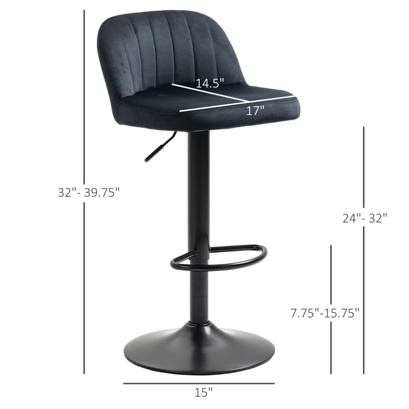 HOMCOM Adjustable Bar Stools Set of 2, Velvet Counter Height Barstool, Upholstered Kitchen Stool with Swivel Seat, Steel Frame, Footrest for Kitchen Counter and Dining Room, ‎Black