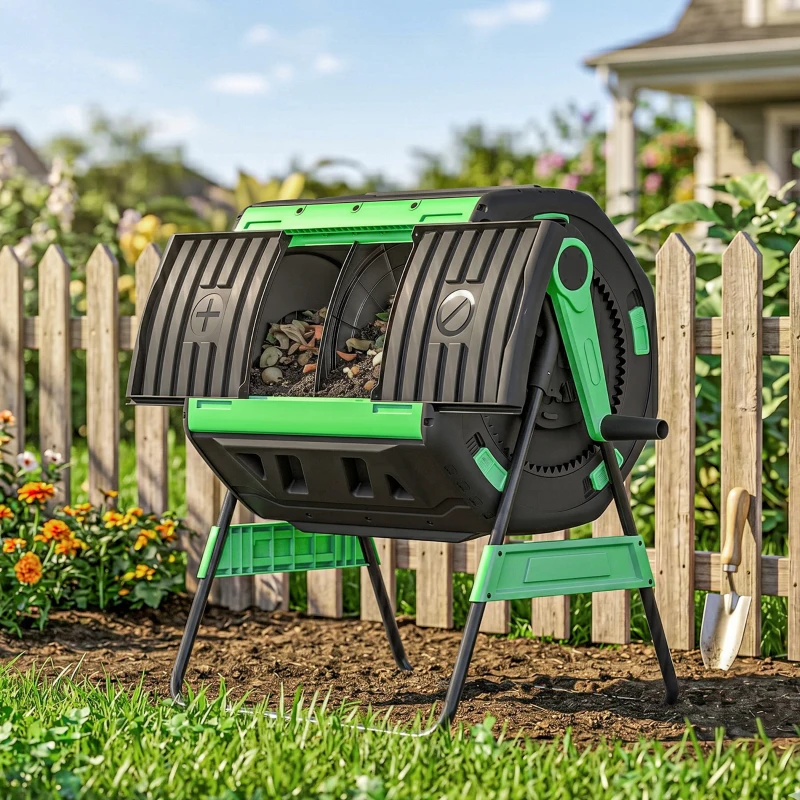Outsunny Compost Bin Outdoor, 53 Gal Dual Chamber Tumbling Composter with Adjustable Vents, BPA Free Tumbling Composter, Green