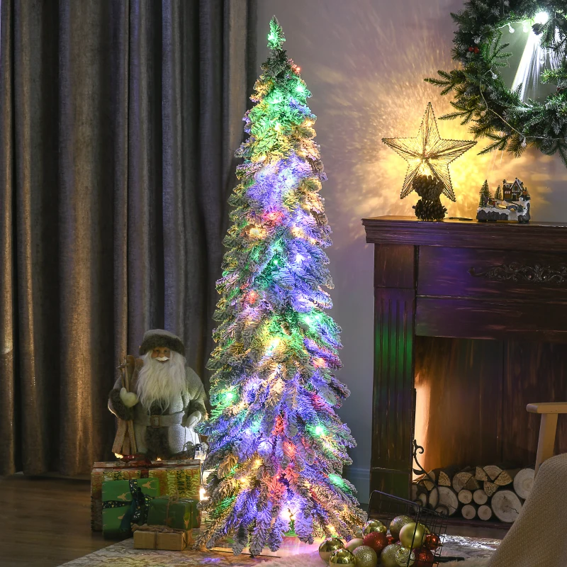 HOMCOM 5' Artificial Slim Christmas Trees, with Snow Frosted Branches, Warm White or Colorful LED Lights, Downswept Shape