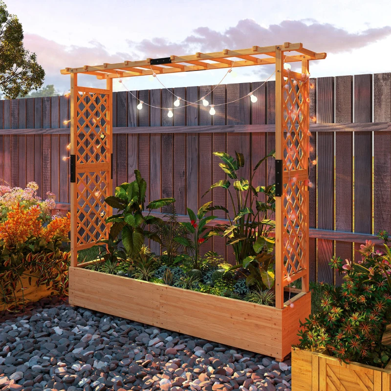 Outsunny Wooden Planter Box with Trellis, Hanging Roof and Drainage Holes for Climbing Plants, Vegetables, Herbs and Flowers