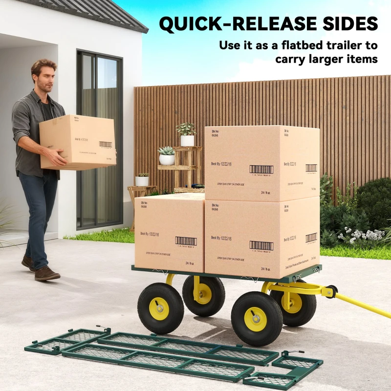 Outsunny Garden Cart, Utility Wagon Cart with Removable Sides, Convert into Flatbed, 10" Wheels, 180° Rotating Handle, Green
