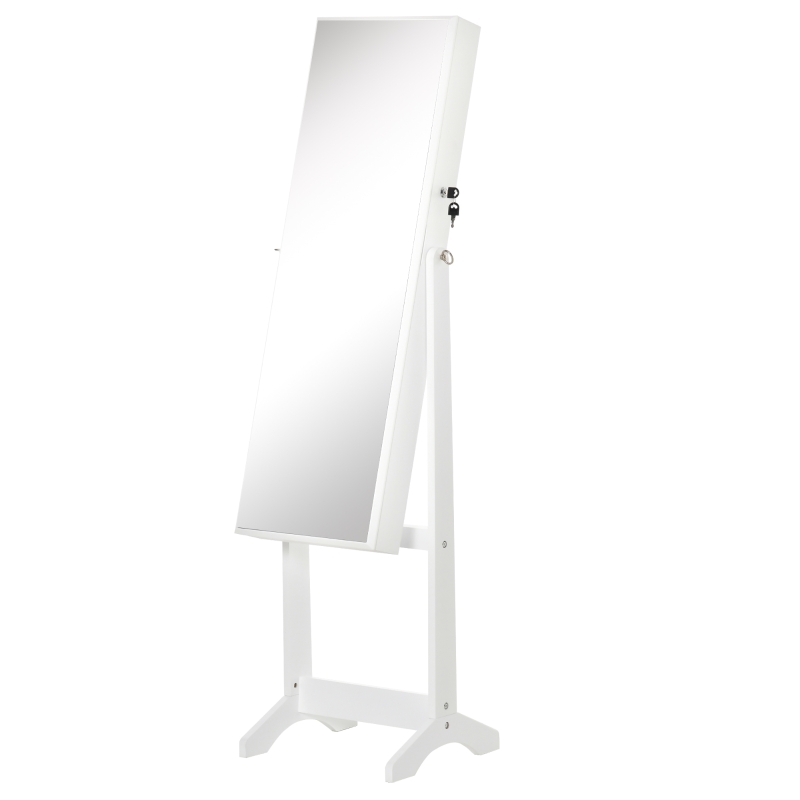 HOMCOM Floor Standing Jewelry Cabinet, Lockable Jewelry Organizer with Full-Length Mirror, and 3 Adjustable Angles, White