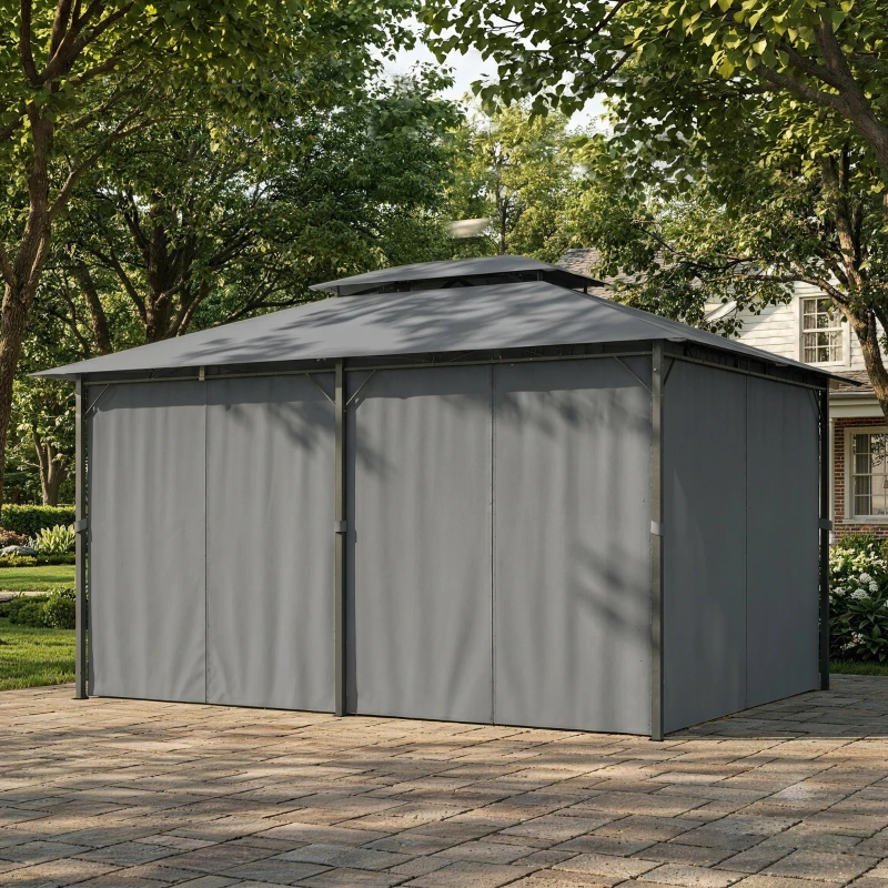 Outsunny 10' x 13' Outdoor Soft Top Gazebo Pergola with Curtains, 2-Tier Steel Frame Gazebo for Patio, Sage Gray