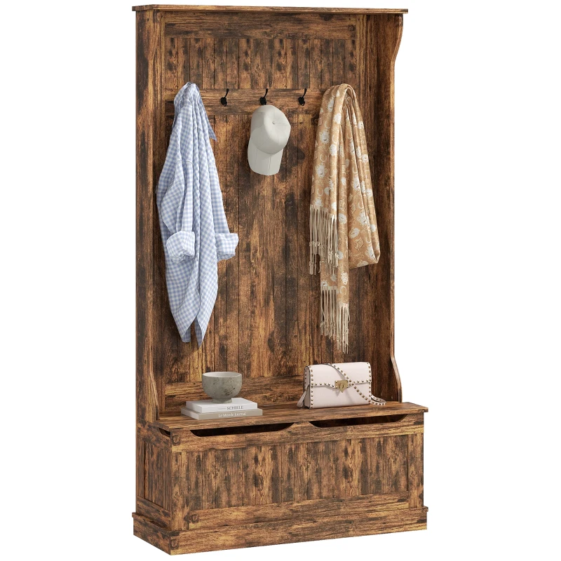 HOMCOM 3-In-1 Entryway Bench with Coat Rack, Hall Tree with Bench and Shoe Storage, 5 Hooks for Hallway Rustic Brown