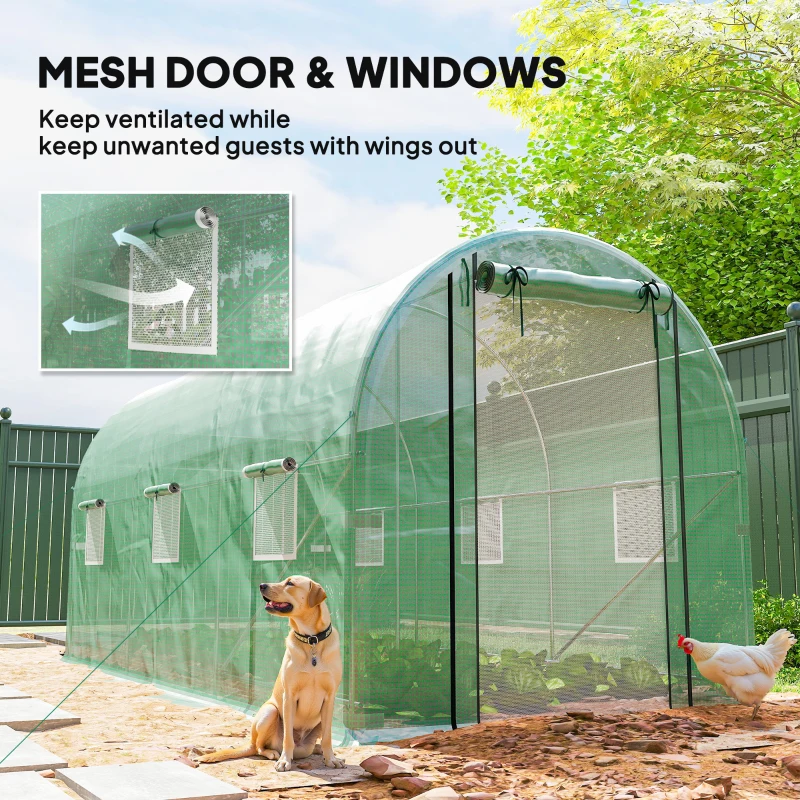 Outsunny Hoop House Greenhouse, Walk-in Tunnel Greenhouse with 2 Support Rods, Zippered Roll-up Mesh Door, 14.6'x6.5'x6.6', Green