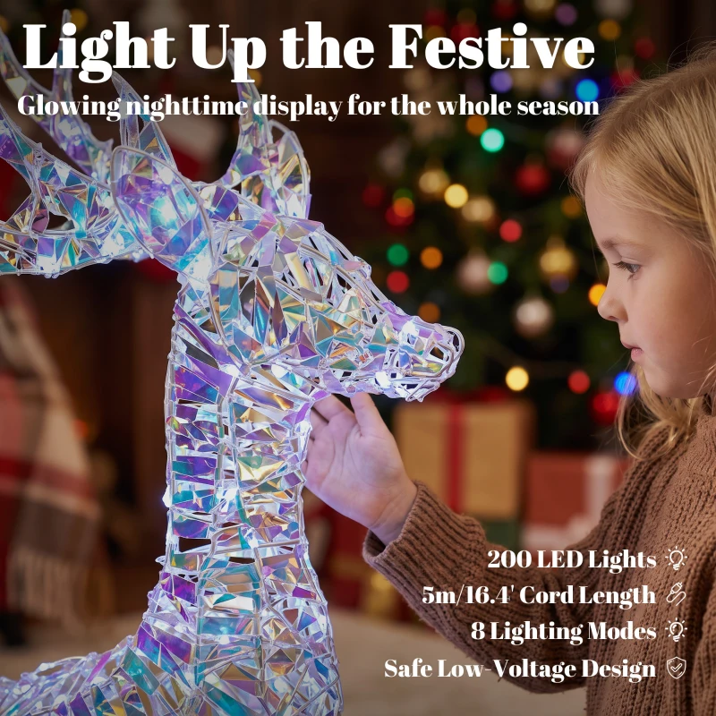 Outsunny 3-Piece Lighted Reindeer Family Set, Iridescent Outdoor Christmas Decoration, Deer Family with 8 Modes, Daily Timer