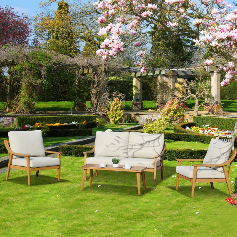 Outsunny 4 Piece Patio Furniture Set, Aluminium Outdoor Conversation Sofa Set, 2 Armchairs, 1 Loveseat Sofa, 1 Center Coffee Table, Soft Cushions for Backyard, Garden, Khaki