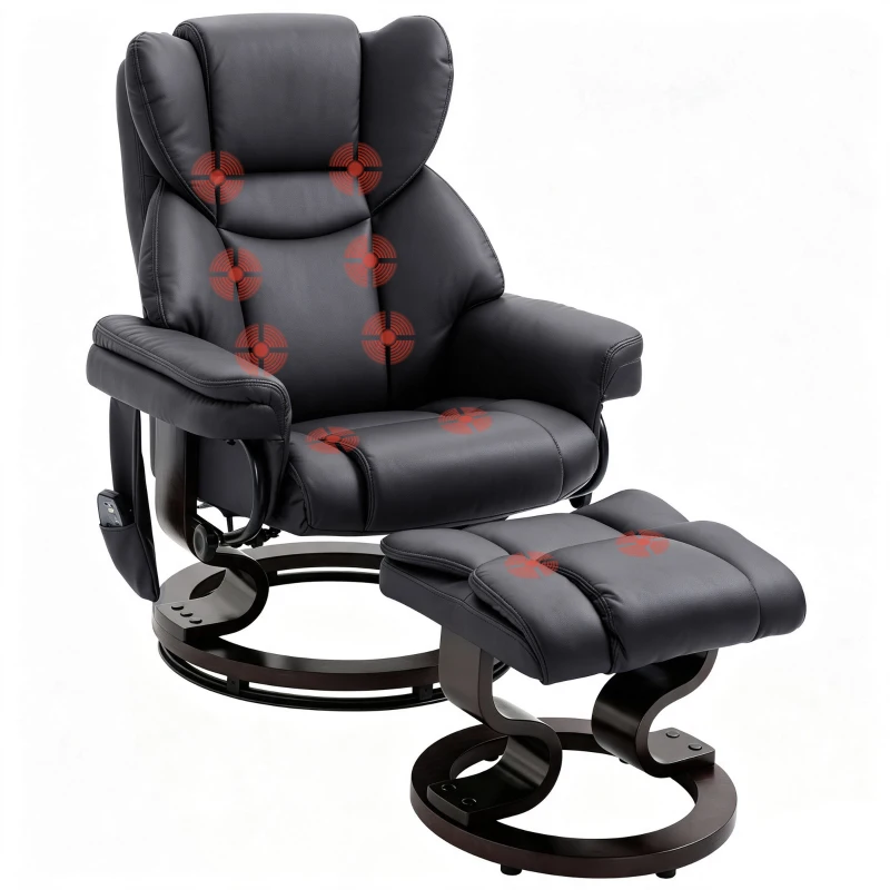 HOMCOM Massage Recliner Chair with Footrest, Swivel Armchair, Wrapped Wood Base, 10 Massage Points, Faux Leather, Black