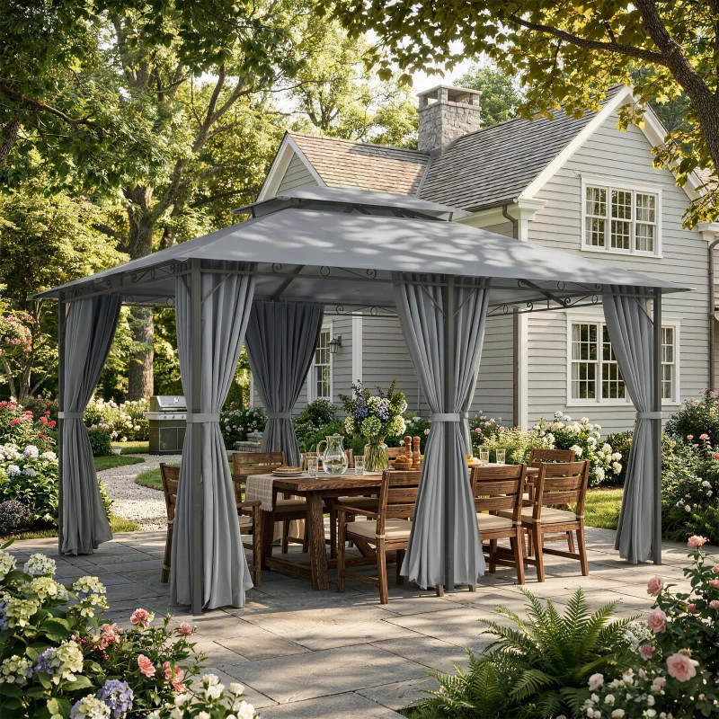 Outsunny 10' x 13' Outdoor Soft Top Gazebo Pergola with Curtains, 2-Tier Steel Frame Gazebo for Patio, Sage Gray