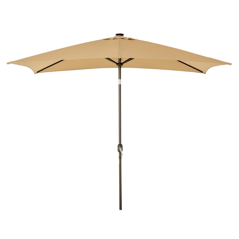 Outsunny 6.5x10ft Patio Umbrella Rectangle Solar Powered Tilt Aluminum Outdoor Market Parasol with LEDs Crank (Light Coffee)