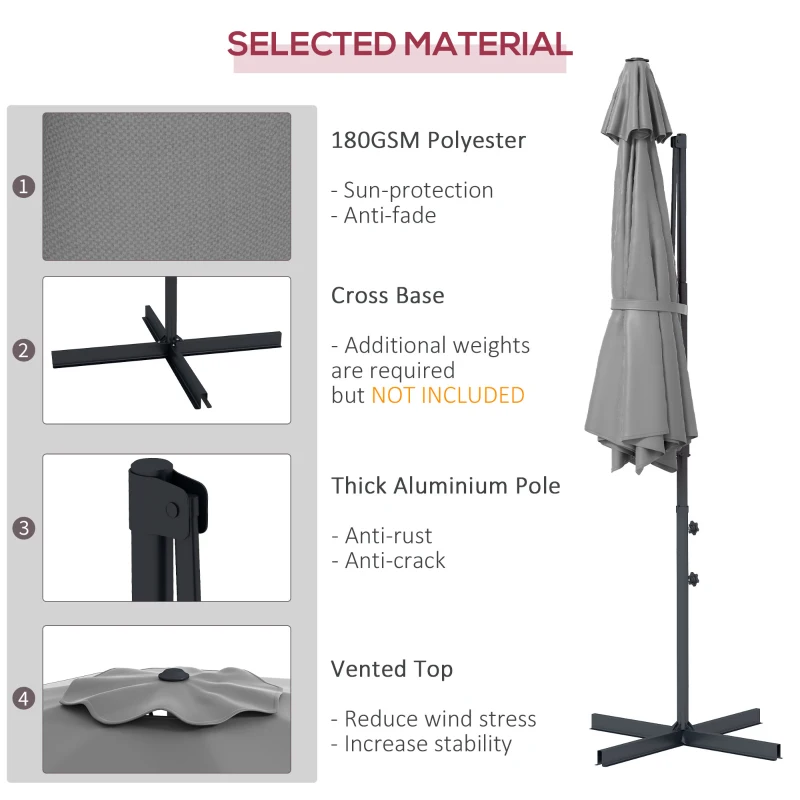 Outsunny 10 FT Cantilever Umbrella, Aluminum Hanging Offset Umbrella with 360°Rotation, Crank, Tilt, Cross Base, Grey