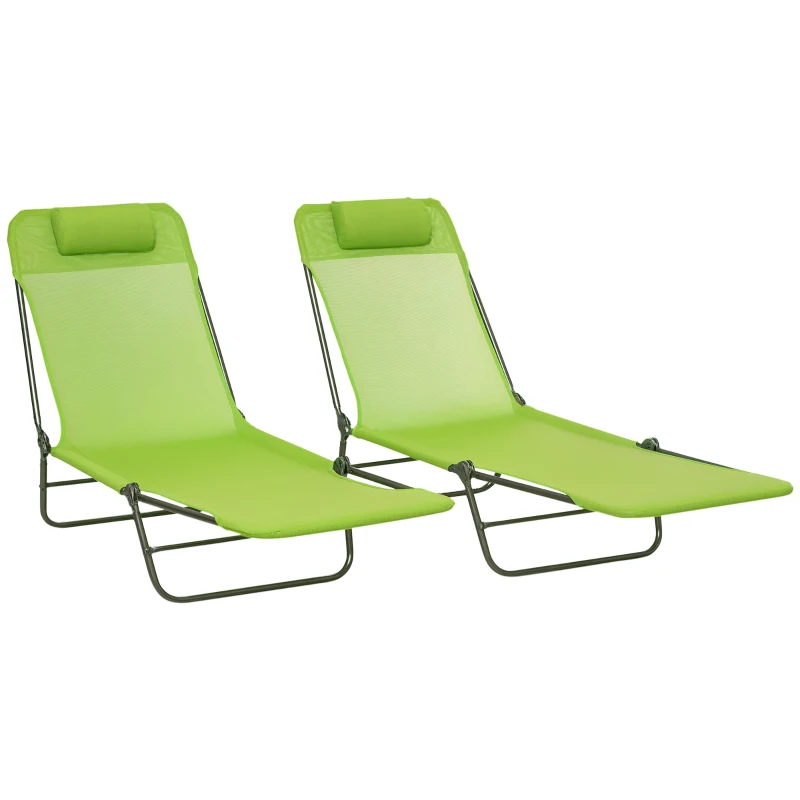 Outsunny Set of 2 Folding Chaise Lounge Chairs, Outdoor Poolside Sun Tanning Chairs w/ Pillow, Reclining Backrest, Green