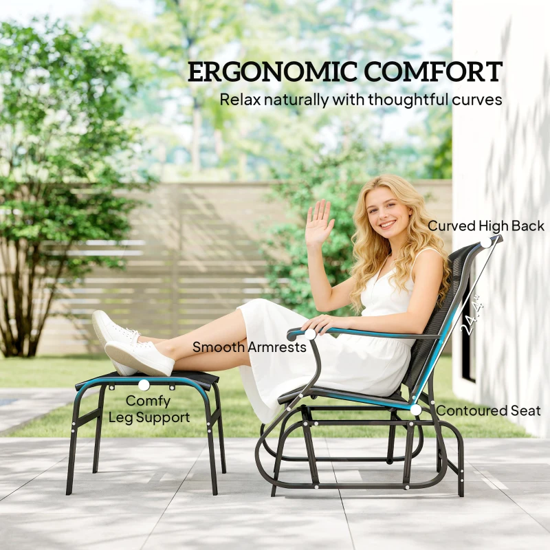 Outsunny Outdoor Glider with Ottoman, Patio Glider Chair Set with High Back, Wide Seat for Porch, Garden, Backyard, Black