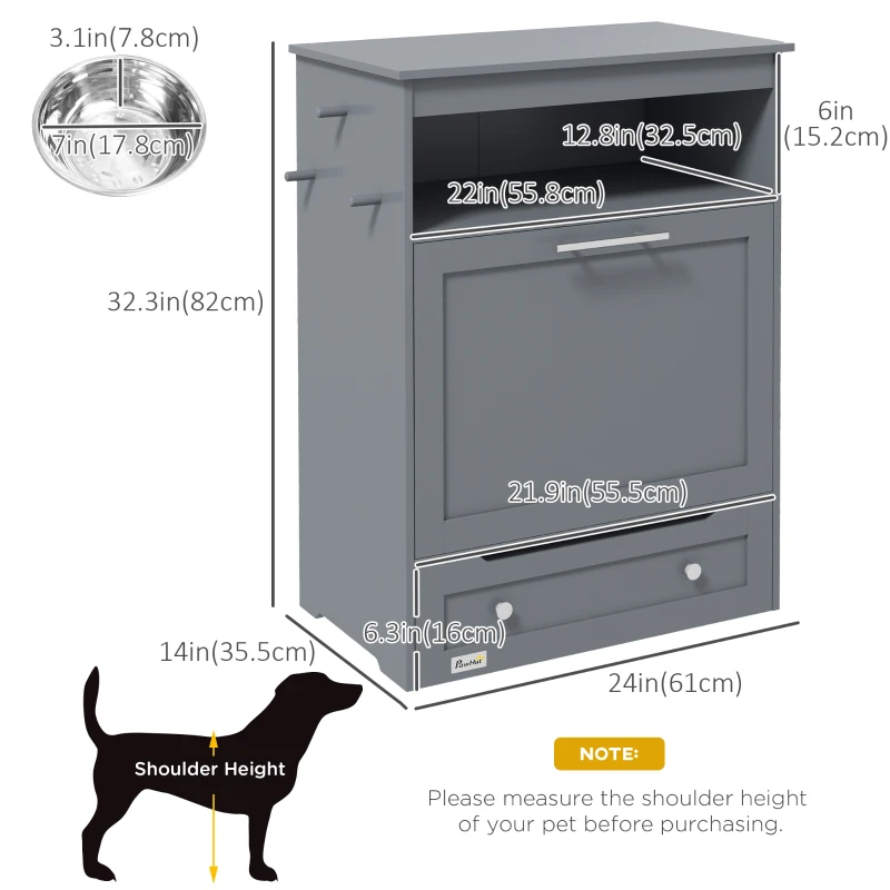 PawHut Pet Feeder Station Storage Cabinet, Dog Food Storage Container with Dog Raised Bowls, Watering Supplies, Grey