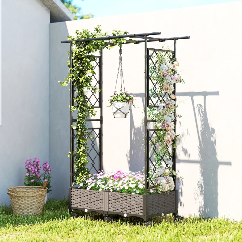 Outsunny Raised Garden Bed with Arch Trellis, Raised Bed for Garden on Wheels with Side Trellis for Climbing Plants, Flowers