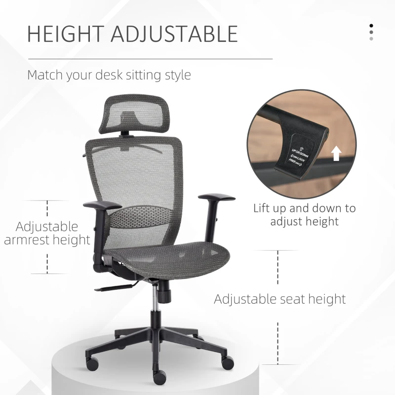 Vinsetto High-Back Mesh Home Office Chair with Coat Hanger, Computer Task Chair with Adjustable Height, Arms, Headrest and Lumbar Support, 360° Wheels and Seat, Reclining Function, Grey