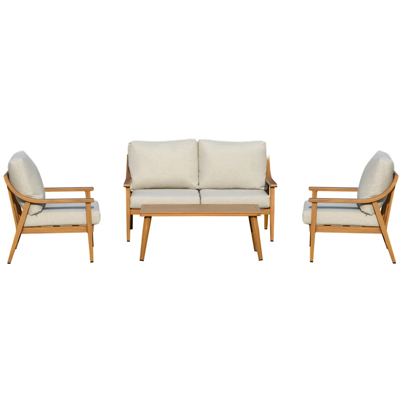 Outsunny 4 Piece Patio Furniture Set, Aluminium Outdoor Conversation Sofa Set, 2 Armchairs, 1 Loveseat Sofa, 1 Center Coffee Table, Soft Cushions for Backyard, Garden, Khaki