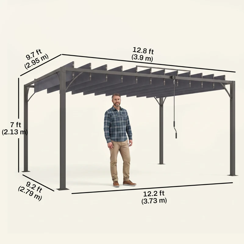 Outsunny 12.8' x 9.7' Outdoor Pergola with Retractable Roof, Aluminium Louvered Pergola Canopy Gazebo for Lawn Garden Patio, Grey