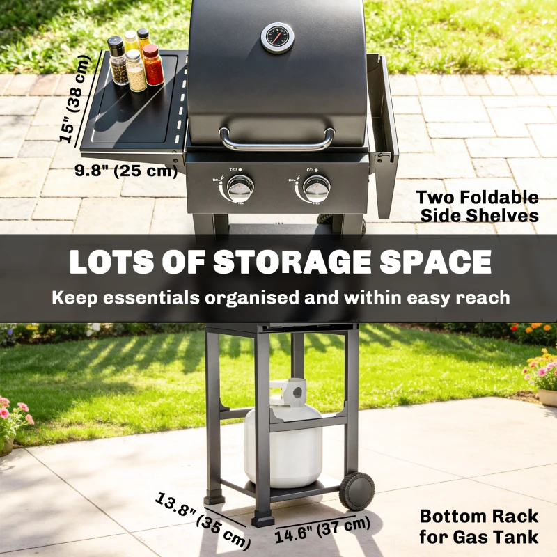 Outsunny 2 Burner Propane Gas Grill with Wheels, 18,400 BTU Portable BBQ Grill with Foldable Side Shelves, Warming Rack, Black
