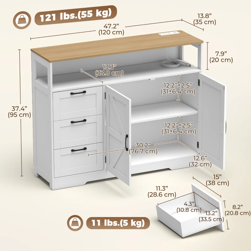 HOMCOM Sideboard Buffet Cabinet with Storage and Charging Station, 48" Farmhouse Kitchen Storage Cabinet with 3 Drawers, White