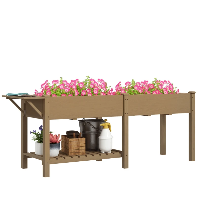 Outsunny Wood Raised Garden Box, Elevated Garden Bed with Side Table, Bottom Shelf, Bed Liners and Drainage Holes, Carbonized