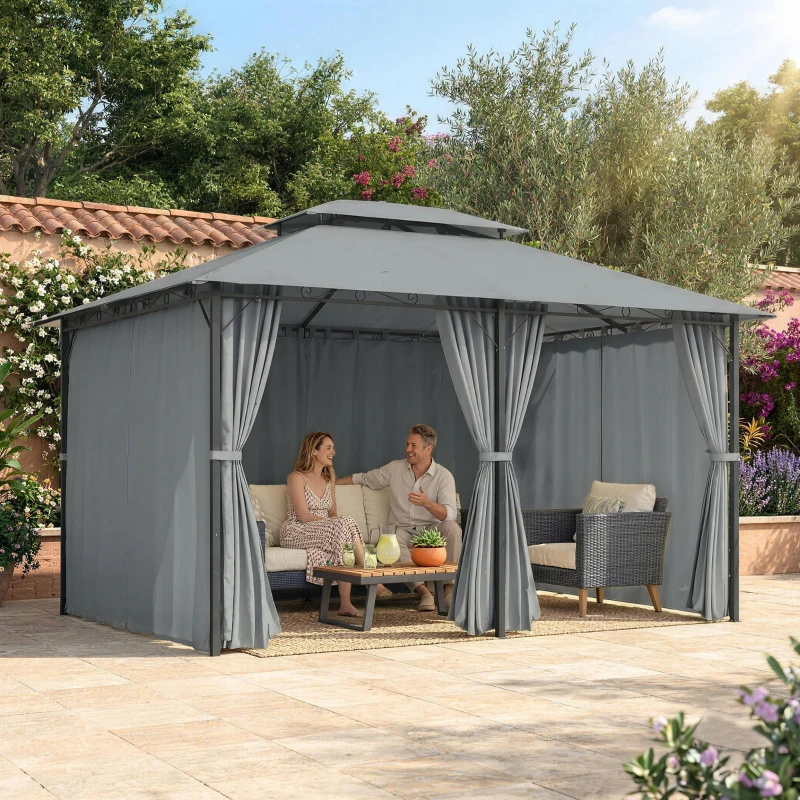 Outsunny 10' x 13' Outdoor Soft Top Gazebo Pergola with Curtains, 2-Tier Steel Frame Gazebo for Patio, Sage Gray