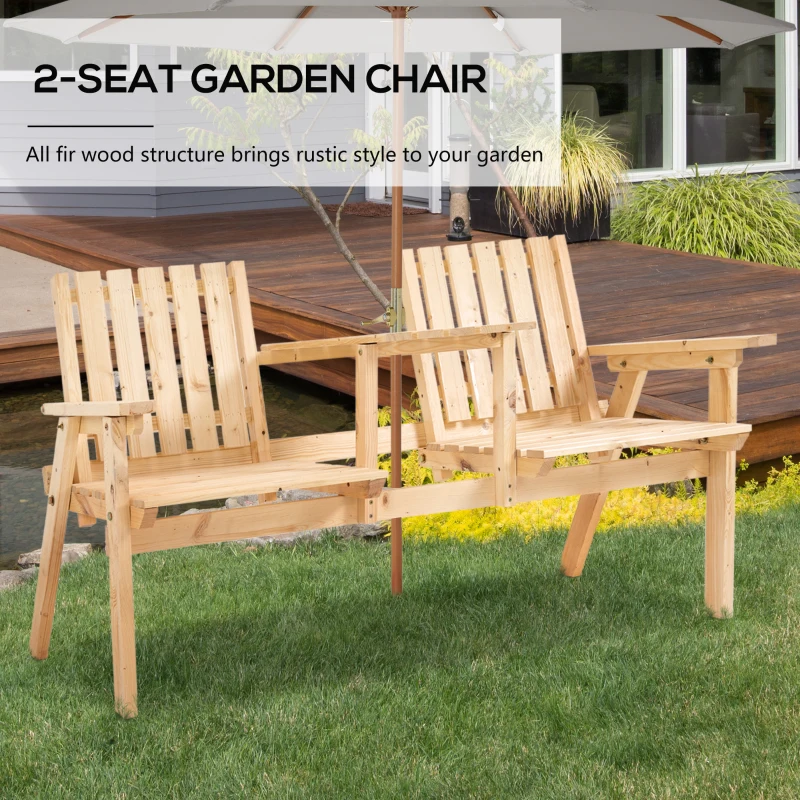 Outsunny Patio Bench, Garden Bench with Middle Table and Umbrella Hole, Wooden Outdoor Bench for Patio, Porch, Poolside, Balcony, Natural