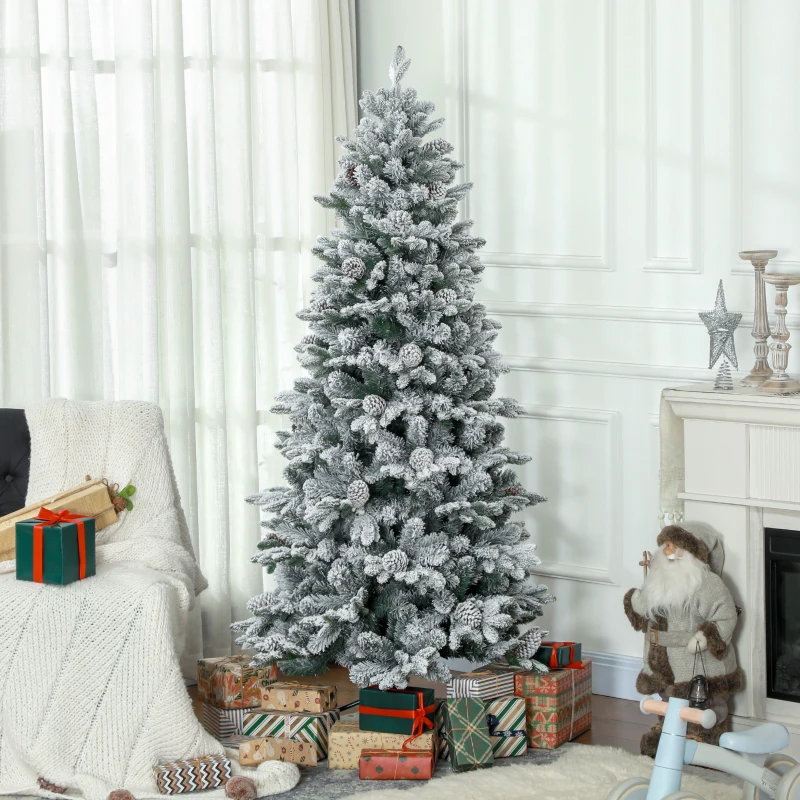 HOMCOM 6ft Flocked Artificial Christmas Tree with 1489 Snow Tips, Pinecones, Metal Stand, Hinged Xmas Tree for Home