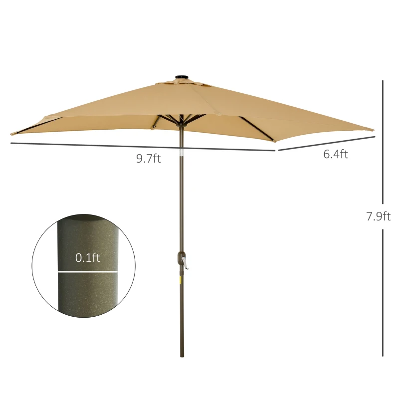 Outsunny 6.5x10ft Patio Umbrella Rectangle Solar Powered Tilt Aluminum Outdoor Market Parasol with LEDs Crank (Light Coffee)