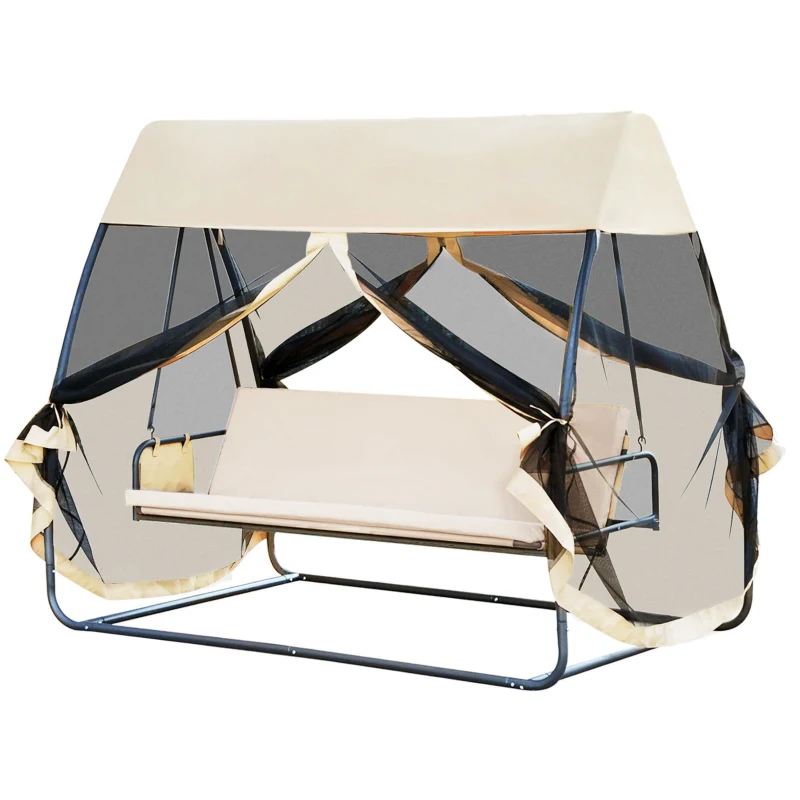 Outsunny 3-Seat Outdoor Swing Chair, Porch Swing, Chaise Lounger Bed, Garden Hammock, Converting Flat Bed with Heavy-Duty Steel Stand, Canopy and Netting Walls, Beige