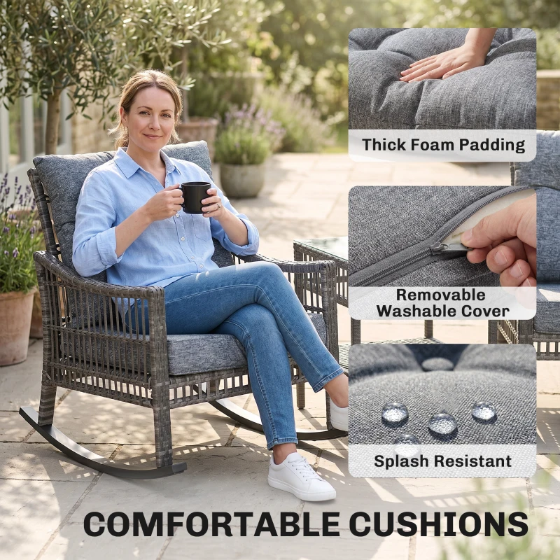 Outsunny 3 Piece Outdoor PE Rattan Rocker Chair Set, Rocking Chair with Tempered Glass Table Top, Gray