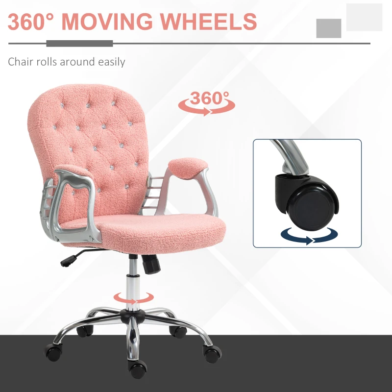 Vinsetto Button Tufted Desk Chair, Home Office Chair with Padded Armrests, Adjustable Height and Swivel Wheels, Pink