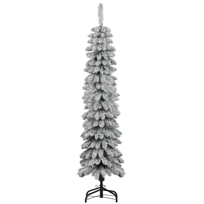 HOMCOM 5' Tall Unlit Slim Pencil Xmas Tree, Snow-Flocked Artificial Christmas Tree with Realistic Branches and 301 Tips, Green