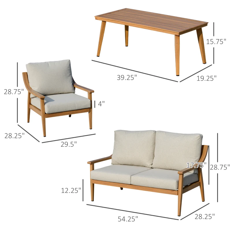 Outsunny 4 Piece Patio Furniture Set, Aluminium Outdoor Conversation Sofa Set, 2 Armchairs, 1 Loveseat Sofa, 1 Center Coffee Table, Soft Cushions for Backyard, Garden, Khaki