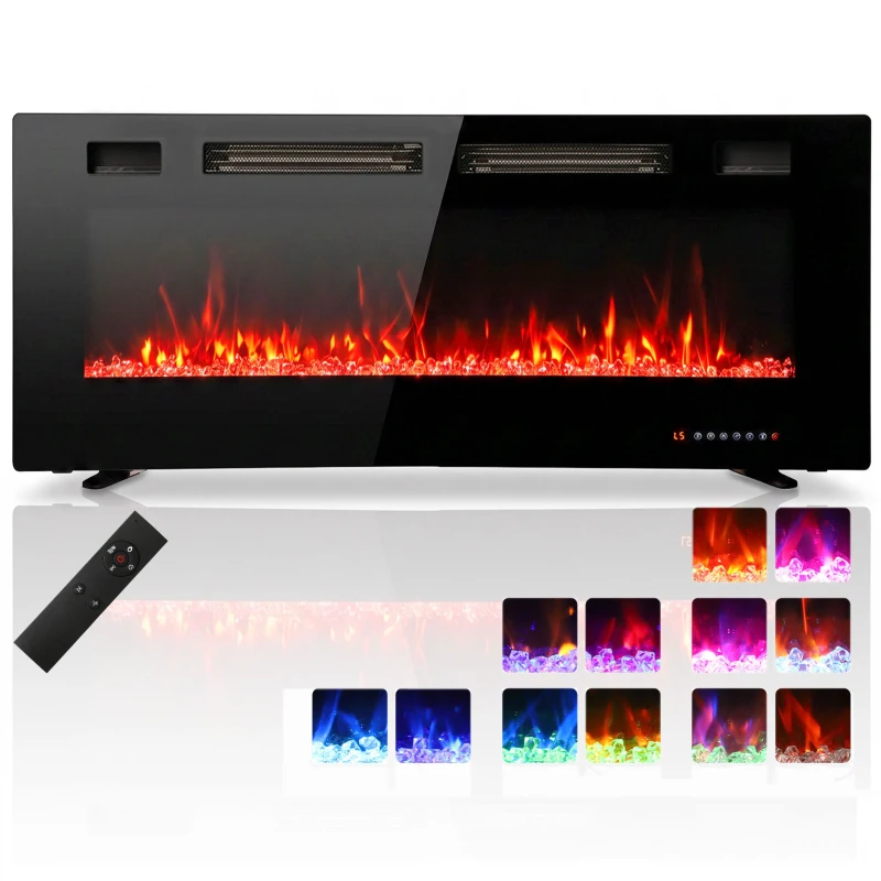 HOMCOM 50" Electric Fireplace, Ultra-Thin Recessed, Wall Mounted and Freestanding Fireplace w/ Flame Effect, 750W/1500W, Black