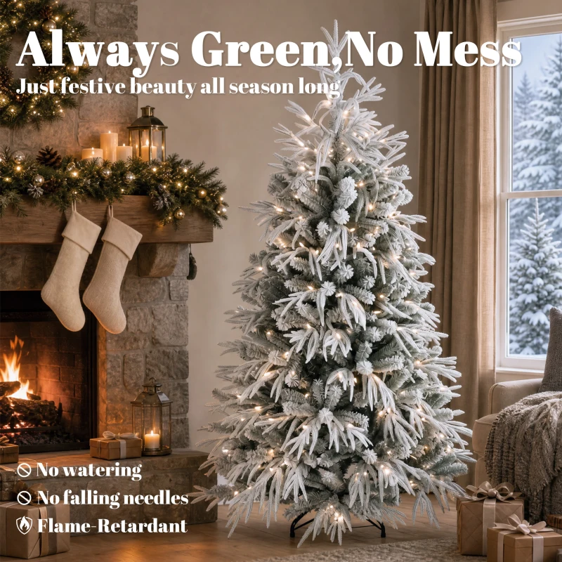 HOMCOM 6ft Prelit Flocked Christmas Tree, Artificial Norfolk Pine Downswept Hinged Xmas Tree with 250 LEDs, Green and White