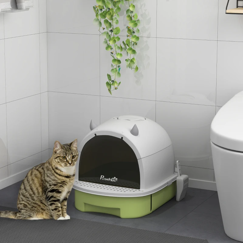 PawHut Covered Cat Litter Box with Lid, Scoop, Deodorizing Bags for Odor Control, Privacy, Easy to Clean, Green