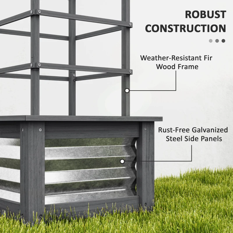 Outsunny Wooden Raised Garden Bed with Trellis, Galvanized Planter Box Elevated Garden Bed for Garden, Patio, Gray