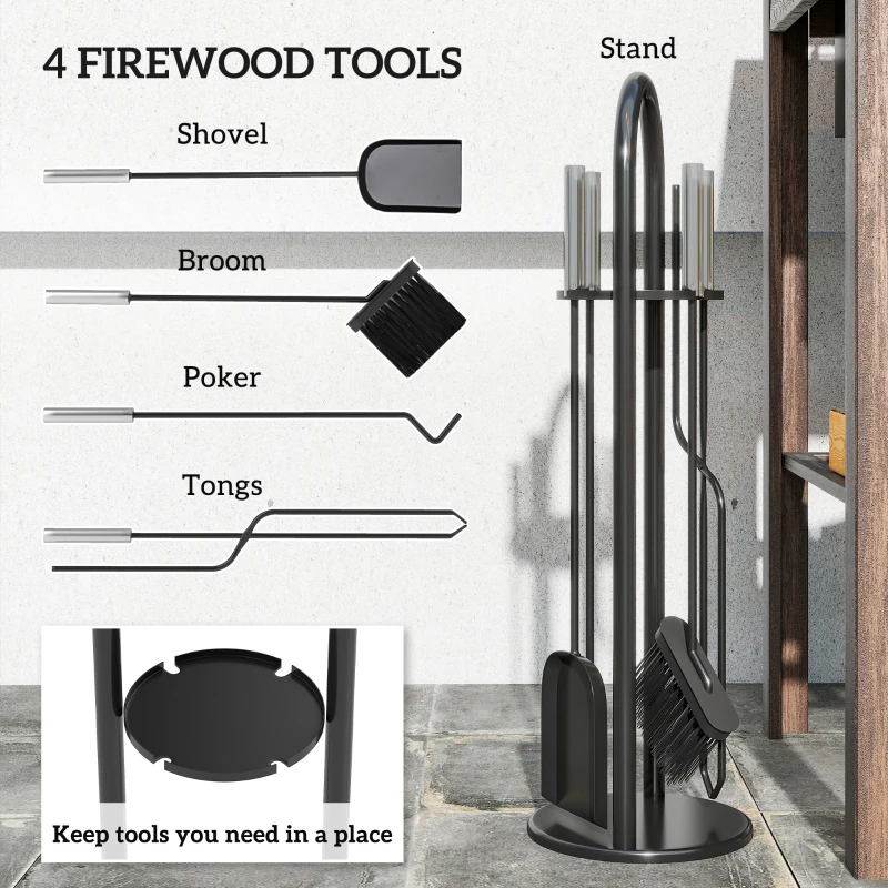 Outsunny Fireplace Tools Set, 5 Pieces Fireside Accessories with Brush, Shovel, Poker, A Pair of Tongs, Stand, Silver