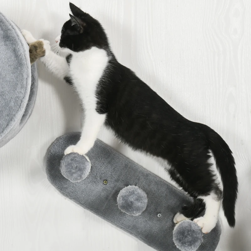 PawHut 4 PCs 9.3" H Cat Wall Shelves, Pet Wall-mounted Climbing Shelf Set, Kitten Activity Centre with Condo, Cushion, Scratching Post, Jumping Platform, Grey