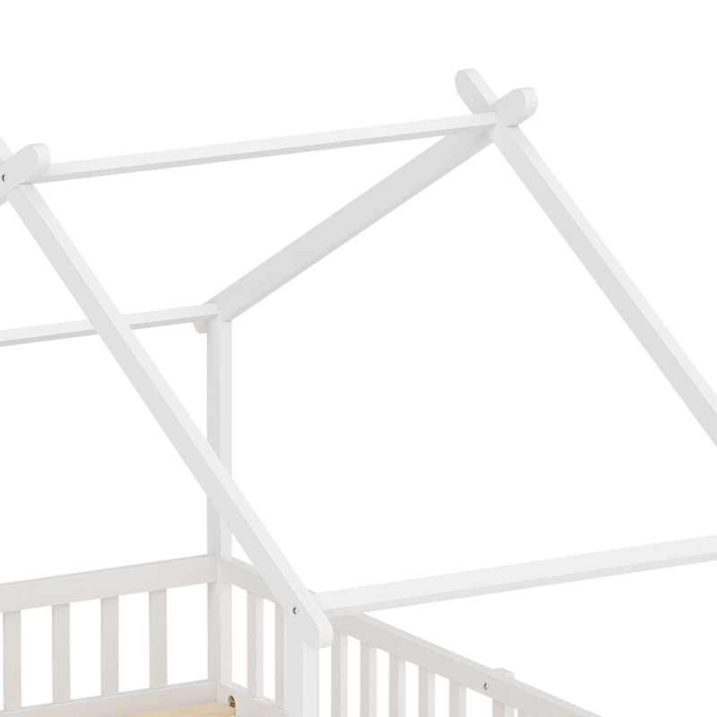 Qaba Twin Bed Frame, Solid Wood Montessori House Bed with Roof, Safety Guardrail for Girls Boys, No Box Spring Needed, White