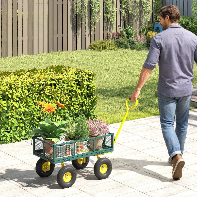 Outsunny Garden Cart, Utility Wagon Cart with Removable Sides, Convert into Flatbed, 10" Wheels, 180° Rotating Handle, Green
