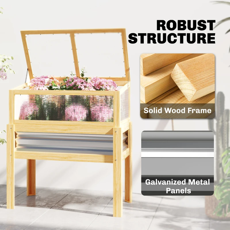 Outsunny Raised Garden Bed with Mini Greenhouse, Elevated Planter Box with Legs and Bed Liner for Flowers, Vegetables
